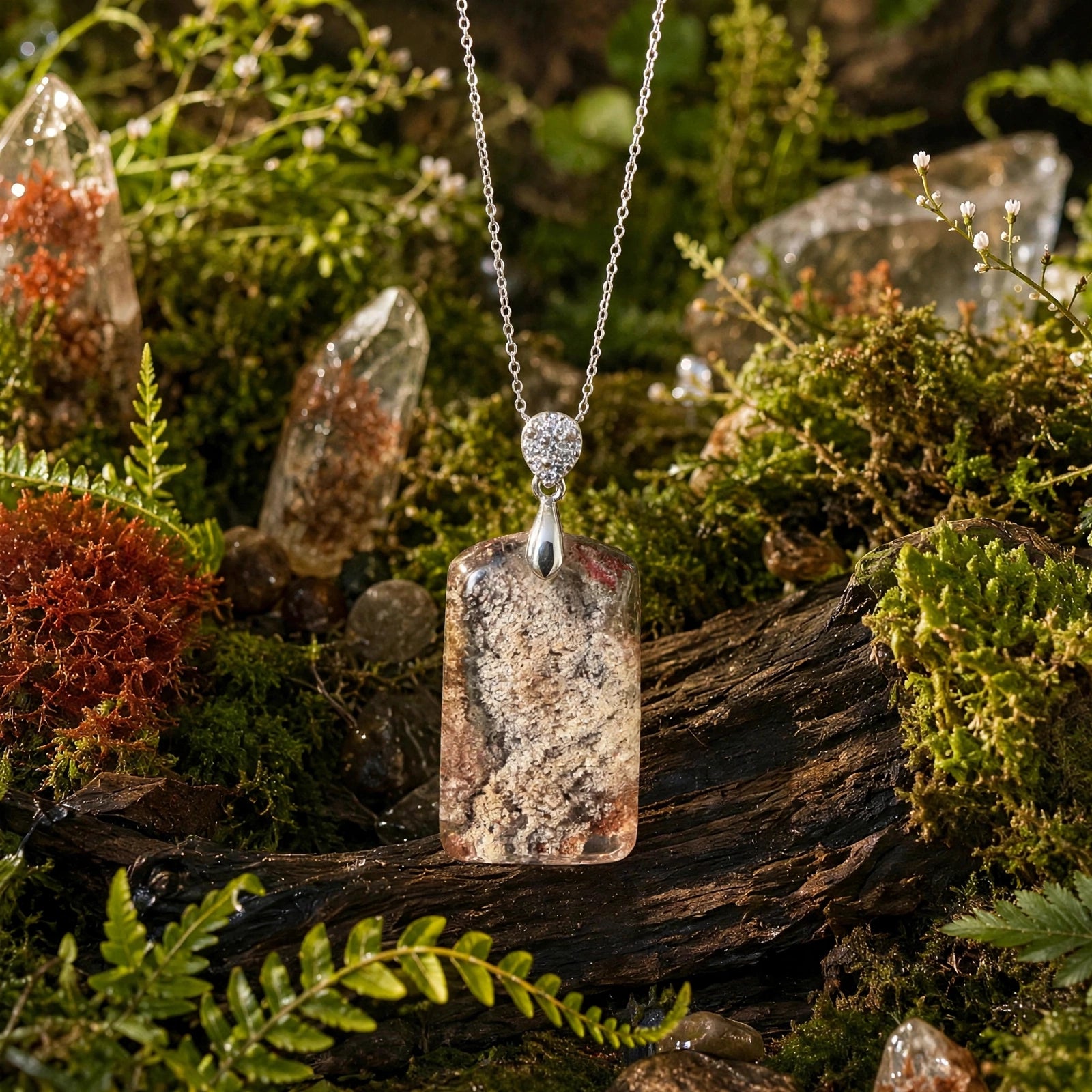 Celestial Garden Quartz rectangular pendant in 18K white gold vermeil, pendant only