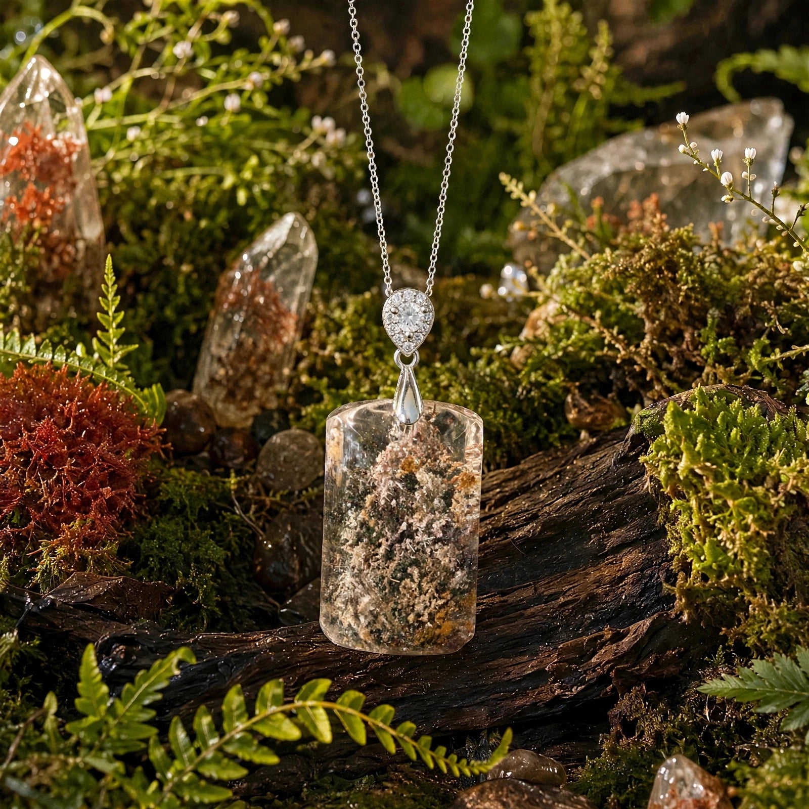 Enchanted Forest rectangular Garden Quartz pendant in 18K white gold vermeil, pendant only