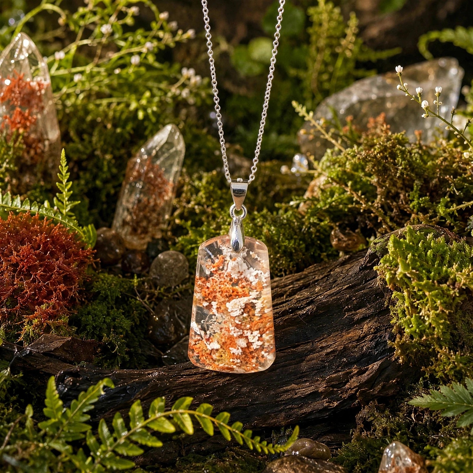 Ethereal Meadow Garden Quartz pendant in 18K white gold vermeil, pendant only