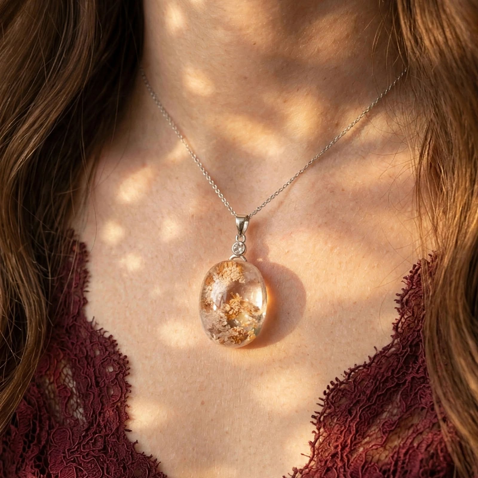 Whispering Snowfall Garden Quartz pendant on model, 18K white gold vermeil