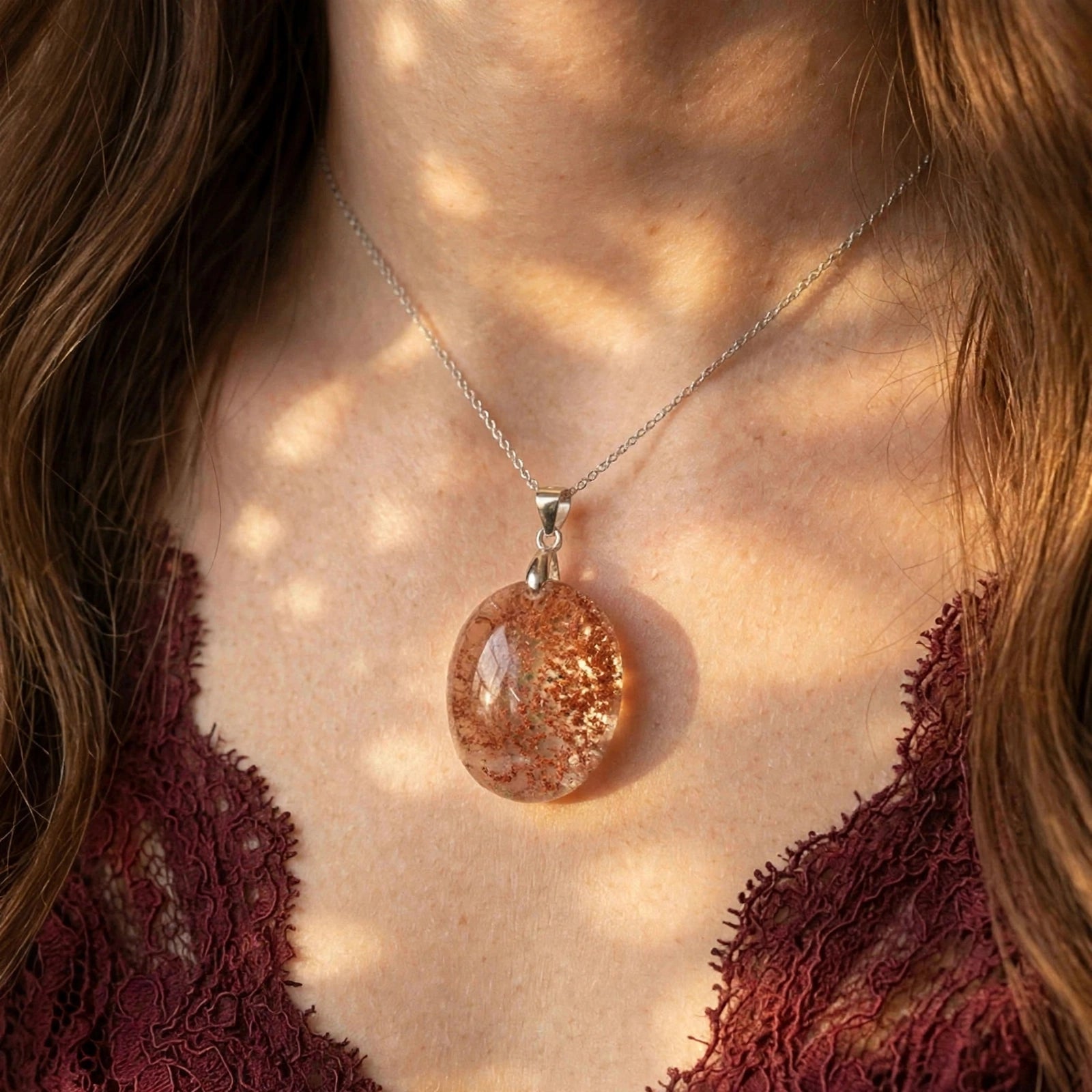 Amber Grove Garden Quartz pendant on model, 18K white gold vermeil