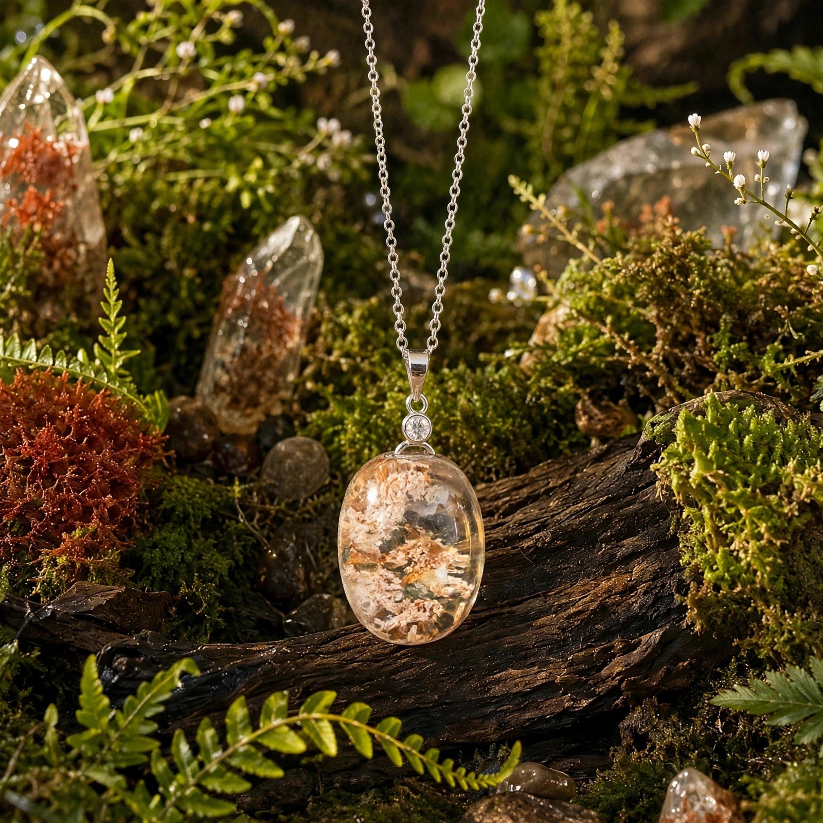 Whispering Snowfall oval Garden Quartz pendant in 18K white gold vermeil, pendant only