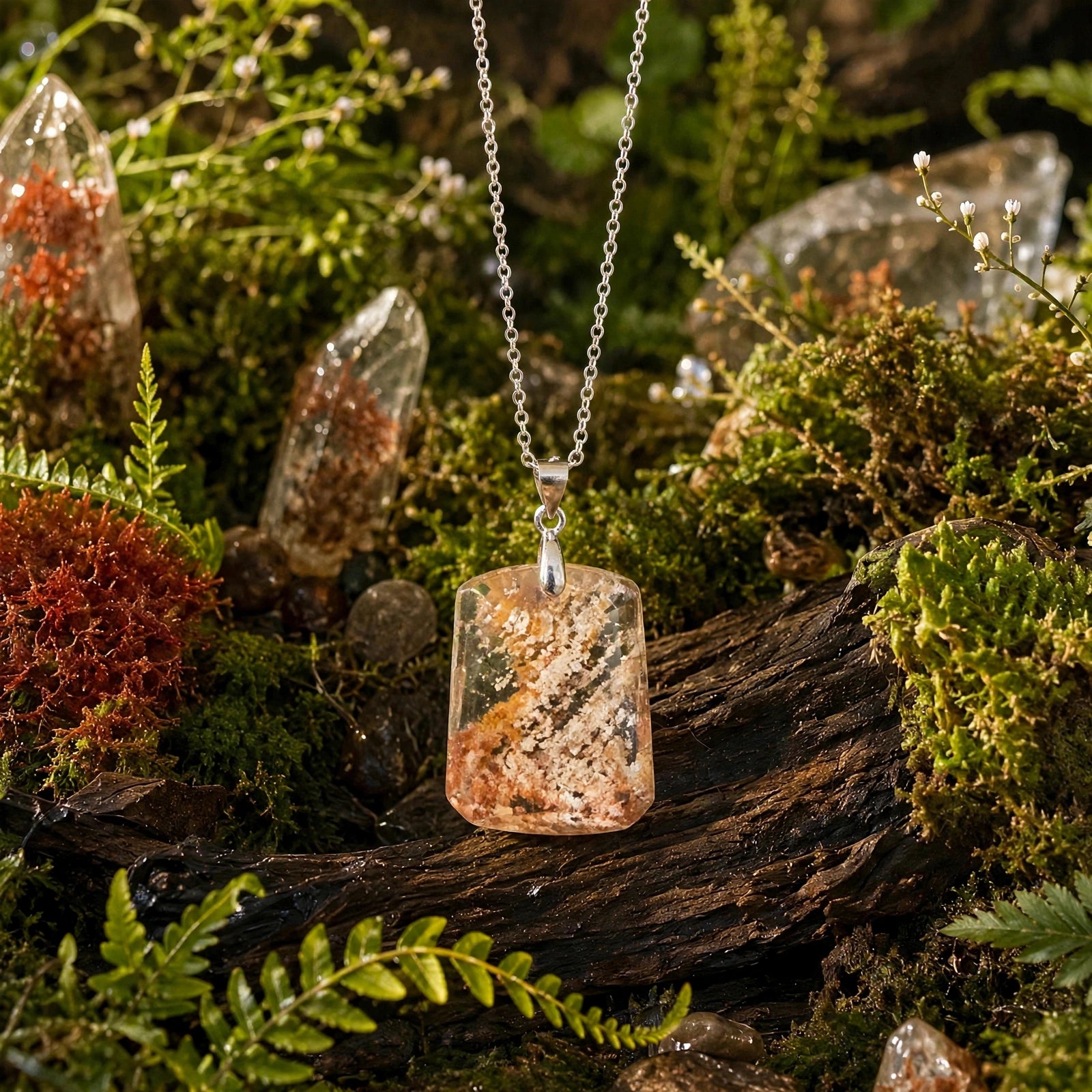 Frosty Woodland trapezoidal Garden Quartz pendant in 18K white gold vermeil, pendant only