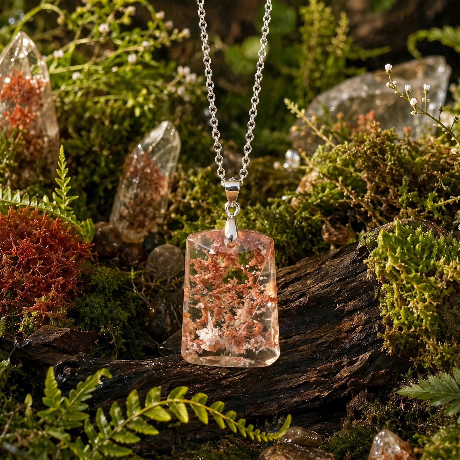 Mystic Glade trapezoidal Garden Quartz pendant in 18K white gold vermeil, pendant only