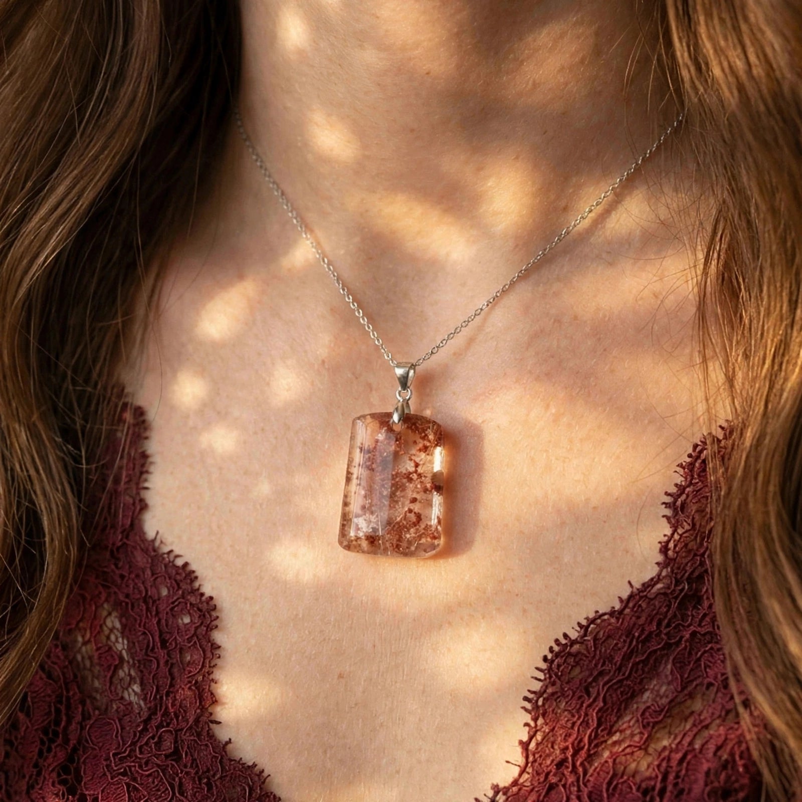 Mystic Glade Garden Quartz pendant on model, 18K white gold vermeil