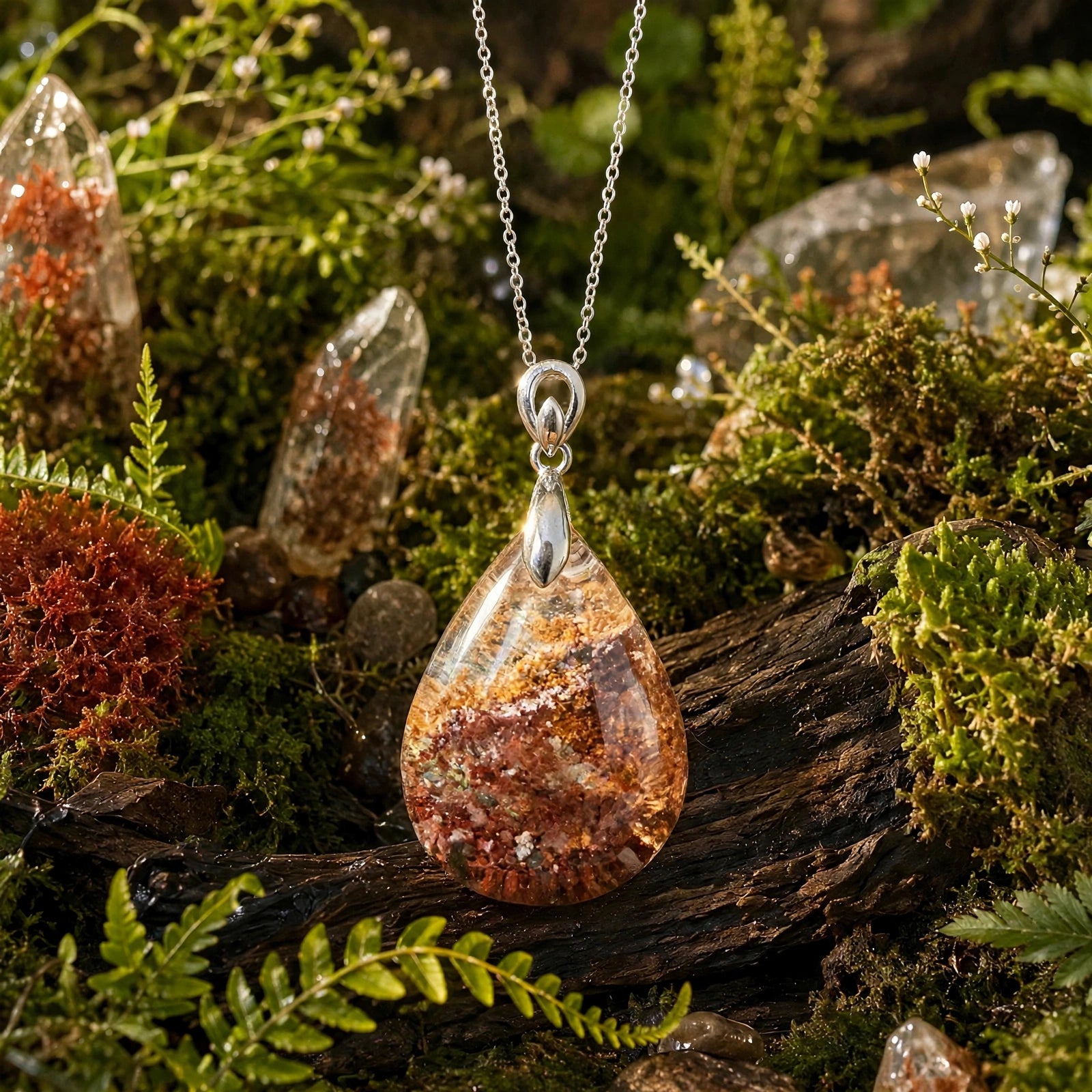 Crimson Ember oversized teardrop Garden Quartz pendant in 18K white gold vermeil, pendant only